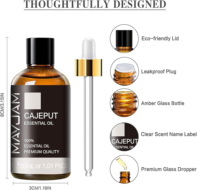 Cajeput Essential Oil 30ML/ 1.01FL.OZ, MAYJAM Pure Aromatherapy Cajeput Oil for Massage, Diffuser, Soap Making, Long Lasting Scents