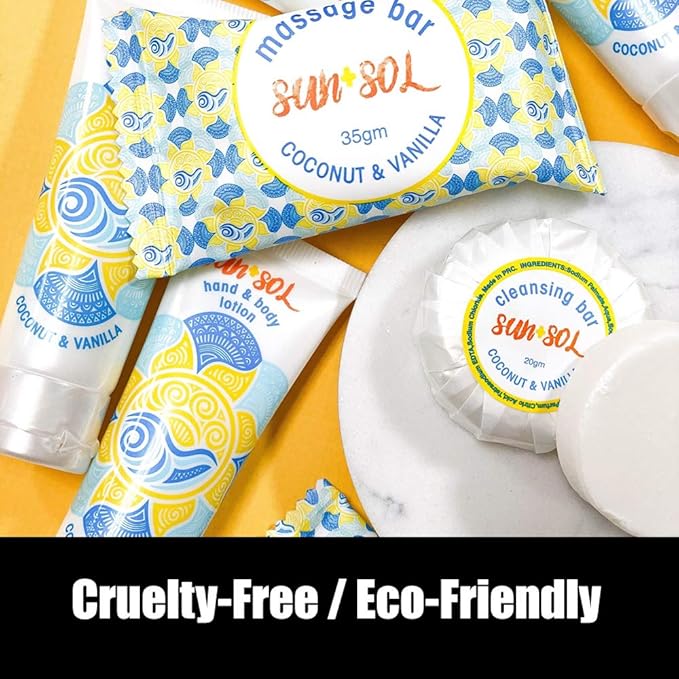 Sun + Sol Bulk Luxurious Hand & Body Lotion With Warm Coconut & Vanilla Fragrances, Travel Size Toiletries, Mini Hotel Amenities, 0.7 oz, 50 Count