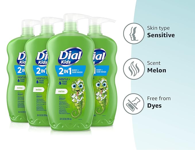 Dial Kids 2-in-1 Body+Hair Wash, Melon Scent, 24 fl oz (Pack of 4)