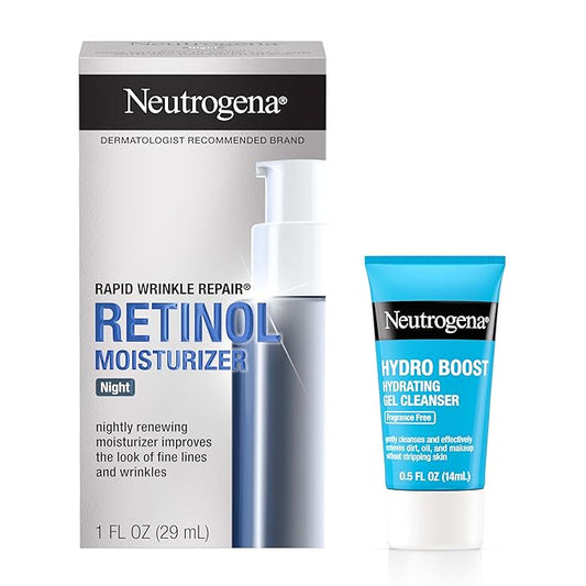 NEUTROGENA Rapid Wrinkle Repair Retinol Face Moisturizer Night Cream, Anti-Aging Face Cream with Retinol & Hyaluronic Acid, 1 fl. oz + Trial Size Hydro Boost Facial Cleanser, 0.5 fl. oz