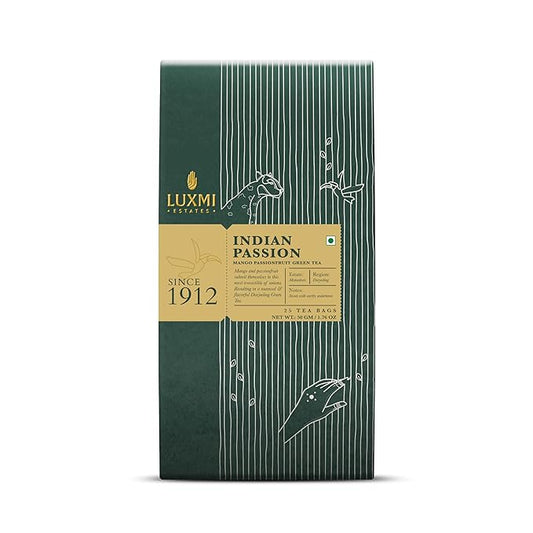 Luxmi Estates - Indian Passion - Organic Mango Passion Fruit Green Tea - 25 Tea Bags | With Mango & Passion Fruit | Brew as Iced Tea or Hot