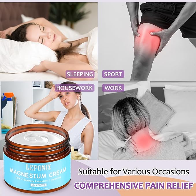 LEPONIX Magnesium Cream for Sleep - Topical Magnesium Lotion for Muscle Relaxation, Leg Cramps, Pain Relief & Better Sleep, Soothing Magnesium Body Butter for Adults & Kids (120ml, Unscented)