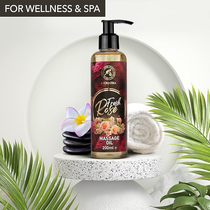 Massage Oil Rose 6.8 Fl Oz (200ml) - Body Oil with Rosewood - Jojoba - Almond - Grapeseed - Peach Kernel Oils & Rose Extract - Aromatherapy Massage Oil - Rose Oil - Good Sleep - Foot Care