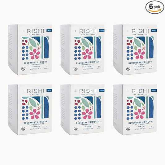 Rishi Tea Blueberry Hibiscus Herbal Tea - Organic, Caffeine Free Sachet Bags, Sweet & Tangy with Antioxidants, Enjoy Hot or Iced - 15 Count (Pack of 6)
