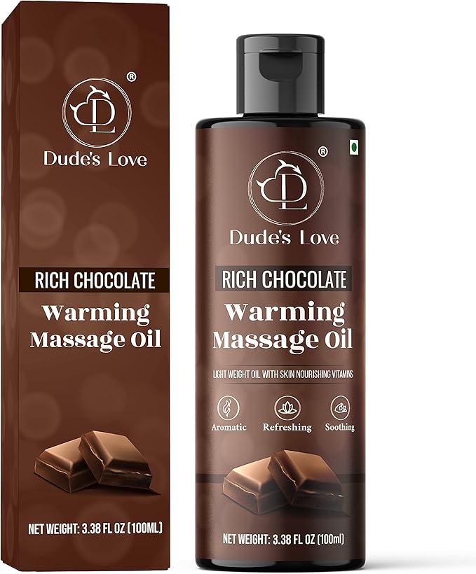 Dude's Love - Organic - Flavored Warming Body Massage Oil - Chocolate | No Stain - Non-Sticky | Nourish & Moisturize Skin | Aromatherapy Vegan Oil - 3.38 Fl Oz