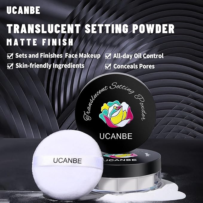 UCANBEMAKUP Long Lasting Makeup Setting Spray Kit- 6.76 Fl oz Hydrating Matte Finish Mist Lightweight Face Make up Fixer +Translucent Loose Setting Powder+2PC Sponge Puff Set