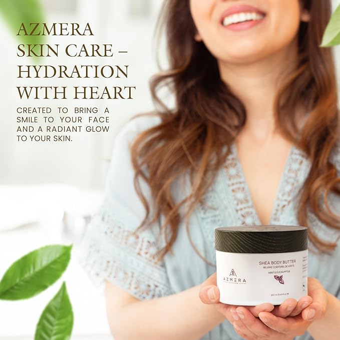 AZMERA Shea Body Butter - Organic Body Butter for Women & Men Dry Skin Rich in Antioxidants & Vitamin E - Vegan Shea Butter Moisturizer, Raw Shea Butter from Africa (Mint&Eucalyptus, 250ml)