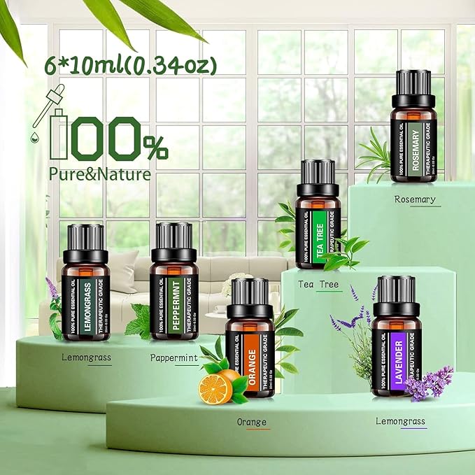 Essential Oils Sets Pure Oils kit- Top 6 Aromatherapy Oils Gift Set-6 Pack, 10ML(Rosemary, Lavender, Lemon Grass, Orange, Peppermint, Tea Tree)