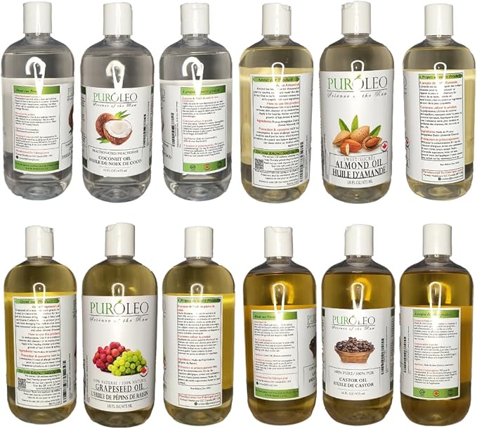 PURÓLEO Carrier Oil Gift Set- 4 Pcs - Coconut Oil- Almond Oil - Castor Oil - Grapeseed Oil - 100% Natural Moisturizing Massage 4 Pc (16 Fl Oz)