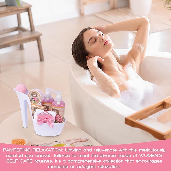 Draizee Mothers Day Gifts for Mom - Spa Gift Baskets for Women -8 Pcs Luxury British Rose Scented Heel Shoe Design Bath and Body Spa Set - Self Care Package for Women, Presents for Mom, Body Care Set