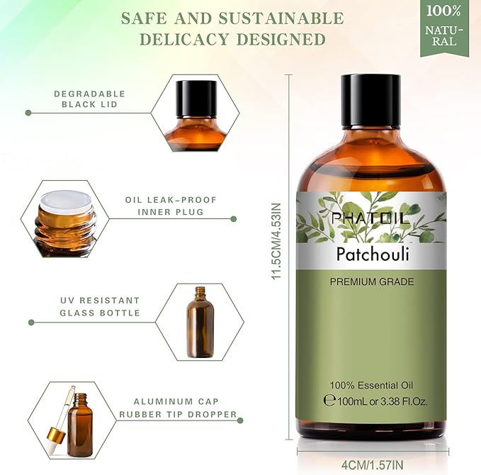 Patchouli 3.38fl.oz Essential Oil, PHATOIL Pure Aromatherapy Oils for Diffuser, Humidifier, Perfect for DIY Soap, Candle, Bath Bombs Making(100ml)