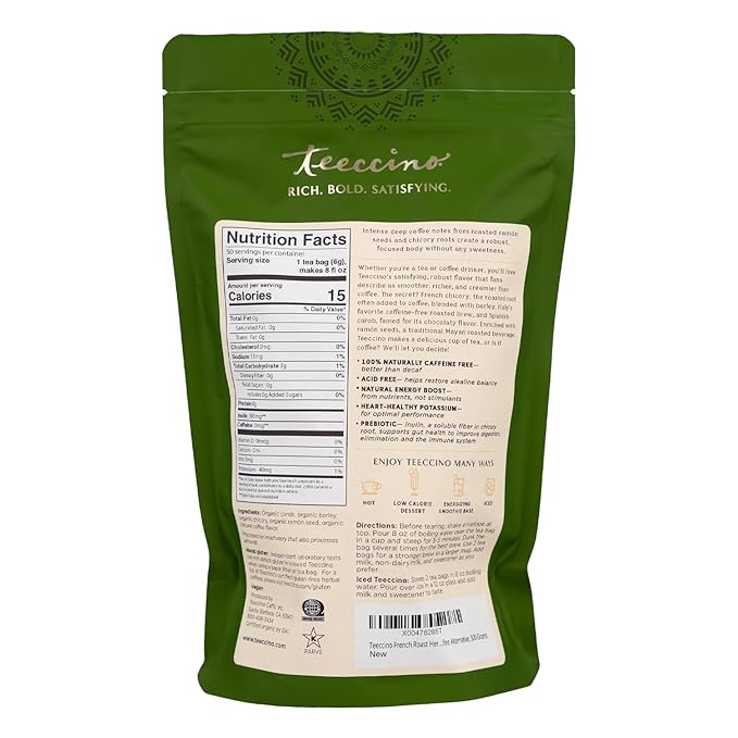 Teeccino French Roast Herbal Tea - Rich & Roasted Herbal Tea That’s Caffeine Free & Prebiotic for Natural Energy, Coffee Alternative, 50 Tagless Eco-Friendly Tea Bags