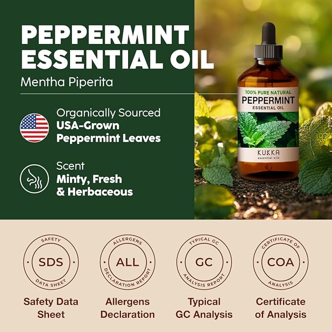 KUKKA essential oils 100% Pure & Natural Peppermint Oil for Skin, Hair, Diffuser, & Soap Making DIY(4 Fl Oz/118 ml)
