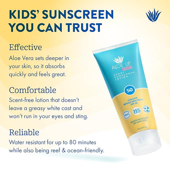 Aloe Up Kids Sport Sunscreen Lotion SPF 50 - Broad Spectrum Sheer Face and Body Sunscreen Protector for Sensitive Skin - With Aloe Vera Gel - Dries Fast - Reef Safe - Fragrance-Free - 6 Oz