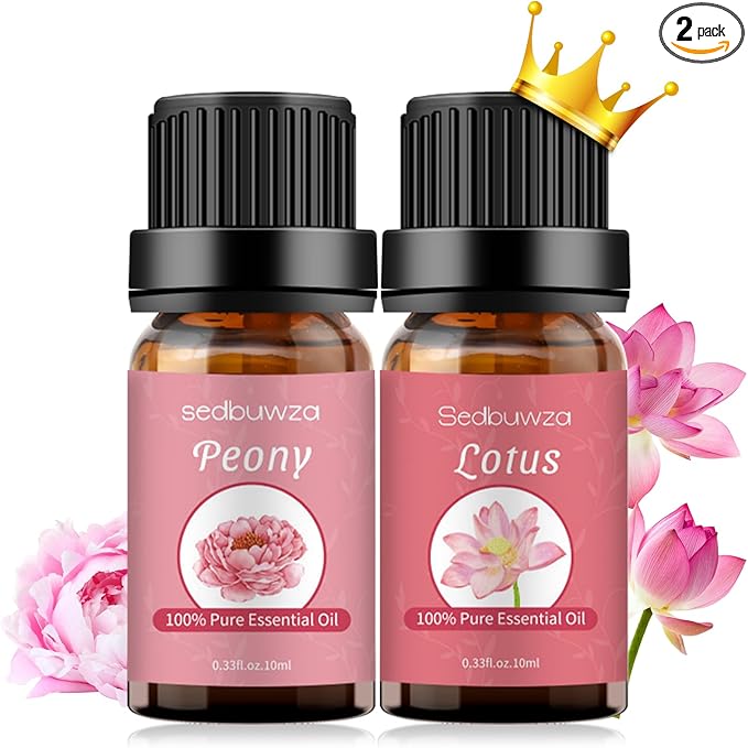 Sedbuwza Peony Lotus Essential Oil Set, Peony Fragrance Oil Lotus Scent Oil Set for Diffuser, Aromatherapy, Massage, Soap, Candle Making 2 x 10 ml