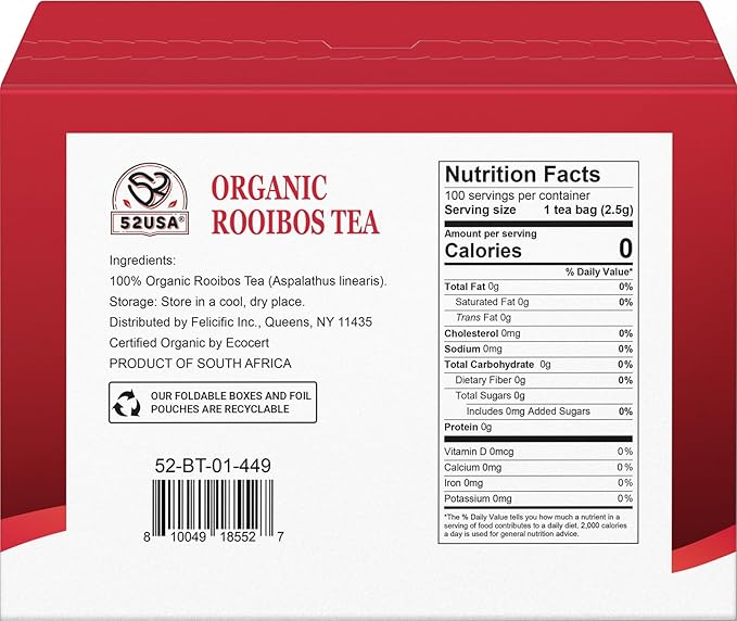 52USA Rooibos Tea Organic, 100 Tea bags, Pure Premuim Rooibos Tea, Naturally Sweet Herbal Tea, Caffeine Free Rooibos Tea, Farmed in South Africa, 9oz (250g)