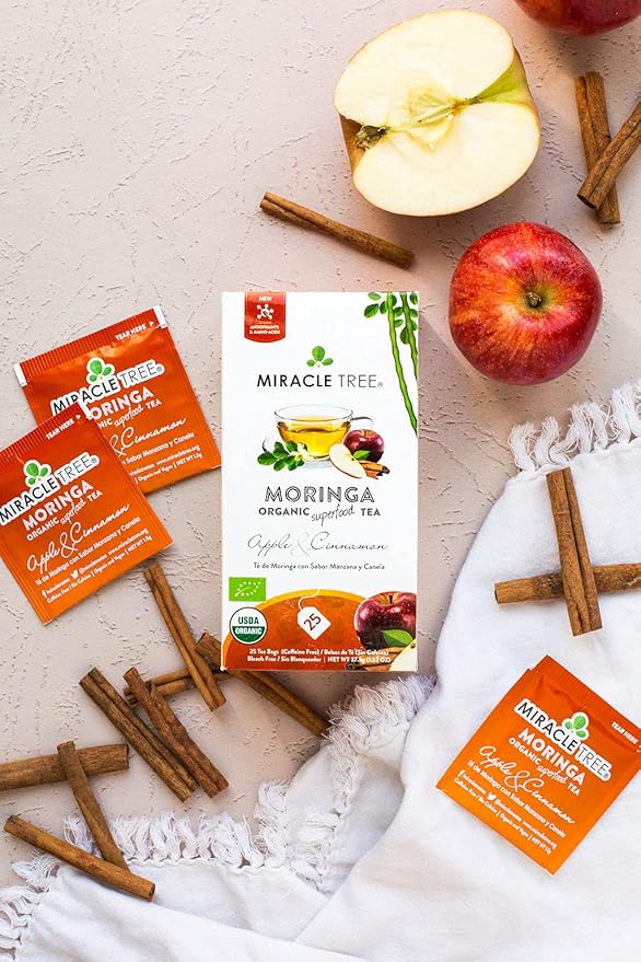 Miracle Tree - Organic Moringa Superfood Tea, 25 Individually Sealed Tea Bags, Apple & Cinnamon (Keto, Detox, Energy/Immunity Booster, Vegan, Gluten-Free, Organic, Non-GMO, Caffeine-Free)