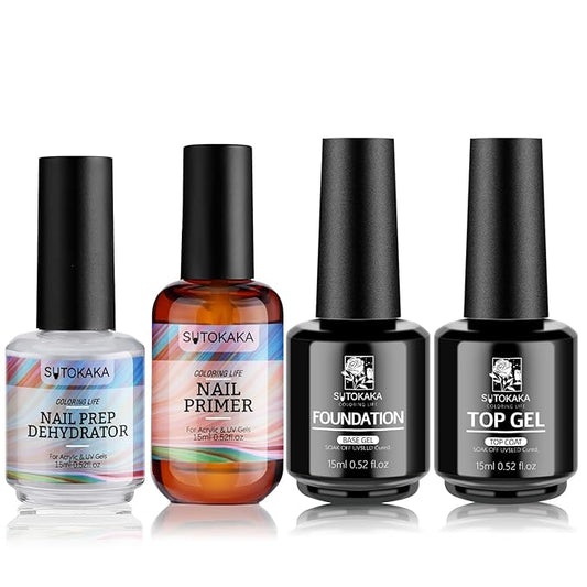 4Pcs 15ml No Wipe Top and Base Coat Set with Nail Dehydrator and Primer X-Strength for Gel Polish Long Lasting Nail Bonding Strengthening Kit for Women