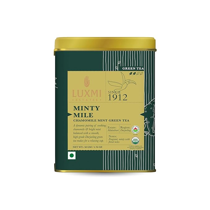 Luxmi Estates - Minty Mile - Organic Chamomile Mint Tea - Loose Leaf - 50g (25 Cups) | With Chamomile, Lemongrass, Spearmint and Peppermint | Low Caffeine Chamomile Tea | Best for Night Time