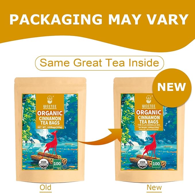 WT WEETEE Organic Cinnamon Tea Bags, Made with 100% Natural & Pure Cinnamon, Natural Caffeine-free Herbal Tea, Spice Tea 2g x 100 Counts