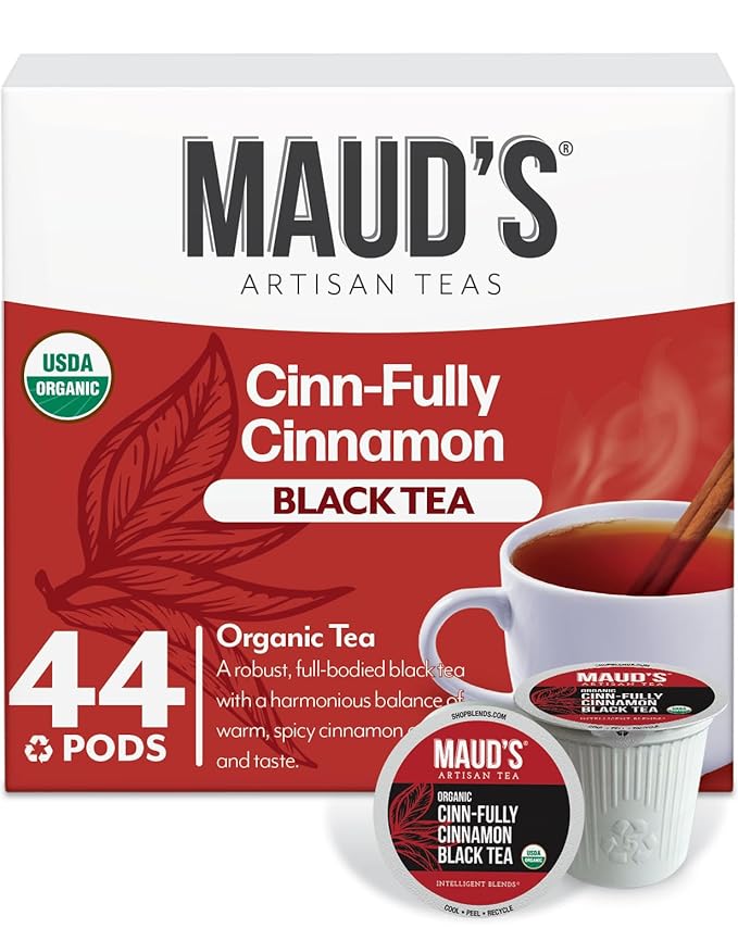 Maud's Cinnamon Organic Black Tea Pods, 44 ct, Recyclable Single Serve Tea Pods – 100% Gourmet Blended Tea Leaves, Compatible with Keurig K Cups Maker