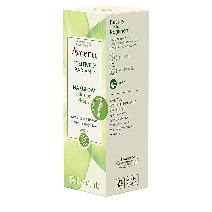 Aveeno Positively Radiant MaxGlow Infusion Drops with Moisture Rich Soy & Kiwi Complex, Hypoallergenic, Non-Comedogenic, Paraben- & Phthalate-Free Moisturizing Facial Serum, 1.35 fl. oz