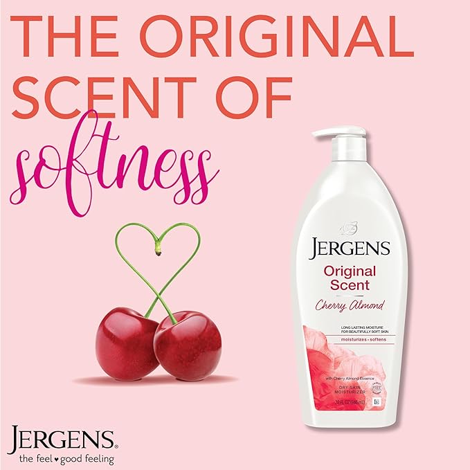 Jergens Original Scent Dry Skin Body Lotion, Hand and Body Moisturizer, Cherry Almond Essence, Dermatologist Tested, 32 Oz, Pack of 6