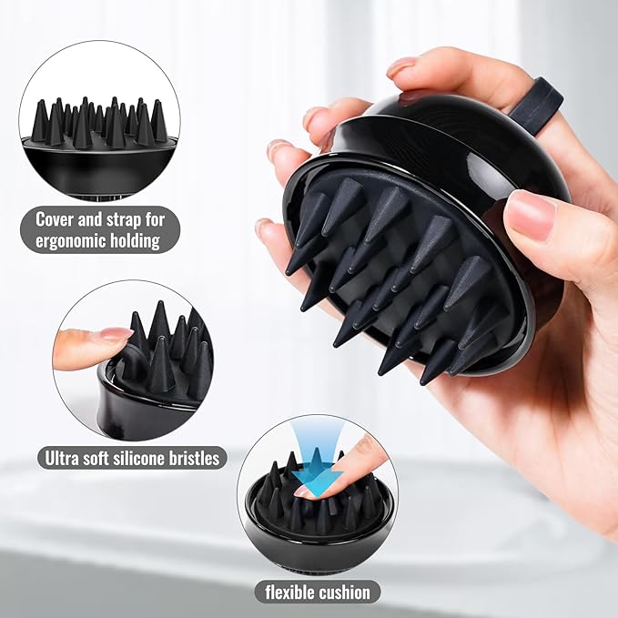 2 in 1 Scalp Massager Shampoo Brush with Soft Silicone Bristles for Hair Growth and Dandruff Removal, Hair Brush Head Massager Scalp Scrubber Exfoliator for Both Wet and Dry Use (Black)