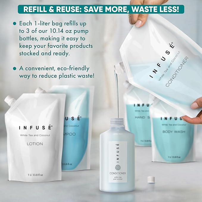 1 Liter Conditioner Refill Bag For Soap Dispensers | Bulk Toiletries for Vacation Rentals, and Home Bathroom Showers | White Tea and Coconut | Single