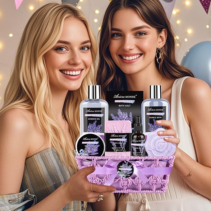 Spa Gift Basket Set, Lavender Home Spa Gift for Women With Shower Gel, Bubble Bath, Body Butter, Bath Salt, Bomb, Oil, Soap - Gift Idea for Mother, Girlfriend, Wife