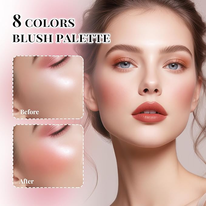 8 Colors Blush Palette, Smooth Blendable Powder Blush, Buildable Facial Cheek Blusher, Matte Blush Palette Makeup For Women, Waterproof Long-lasting Makeup Palette with Brush
