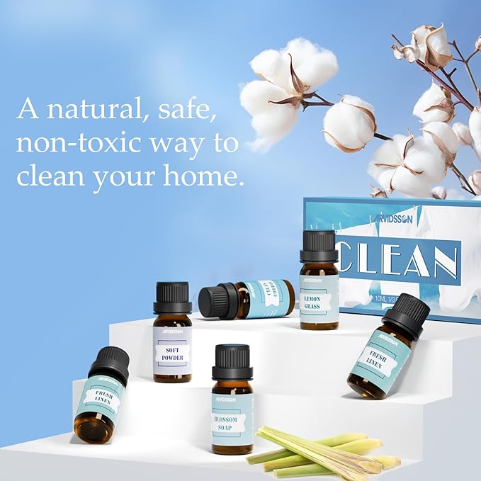 Clean Essential Oils Set, ARVIDSSON Natural Fragrance Oil for Diffuser, Soap Making - Clean Cotton, Fresh Linen, Lemongrass, Soft Powder, Blossom Soap
