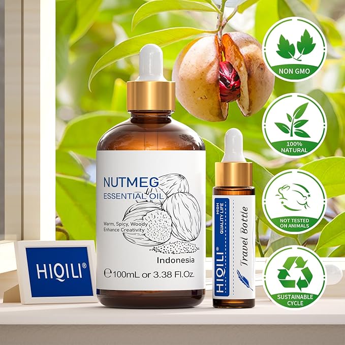 HIQILI Nutmeg Essential Oil 3.38 Fl Oz, Pure Natural Nutmeg Oil for Aromatherapy, Diffuser - 100ml