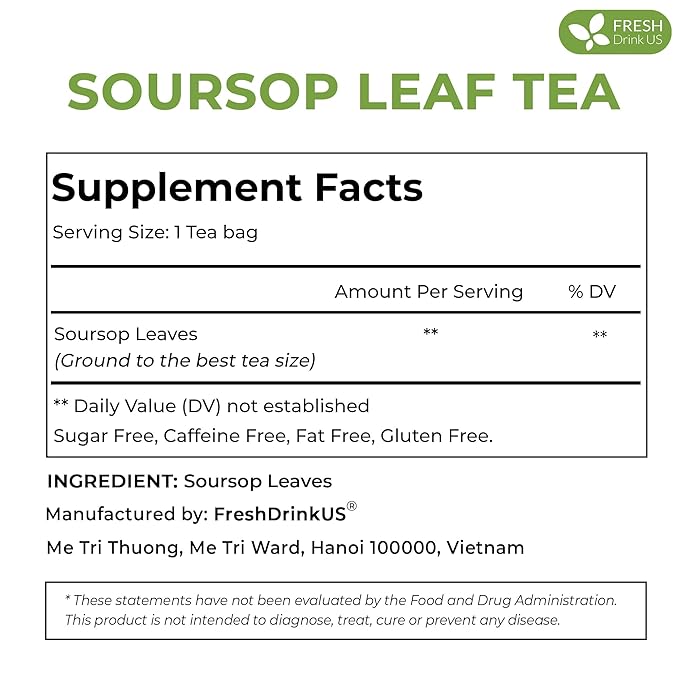 FreshDrinkUS, Premium 10 Soursop Graviola Leaf Tea Bags, 100% Natural & Pure from Soursop Leaves, Hoja Guanabana Herbal Tea. Made with Natural Material Tea Bags. No Sugar, No Caffeine, Vegan.