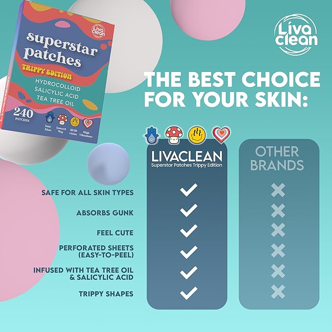 LivaClean 240 CT Superstar Cute Pimple Patches Trippy Edition w/Salicylic Acid & Tea Tree Oil - Pimple Patches Cute, Acne Patch for Face, Hydrocolloid Acne Patch