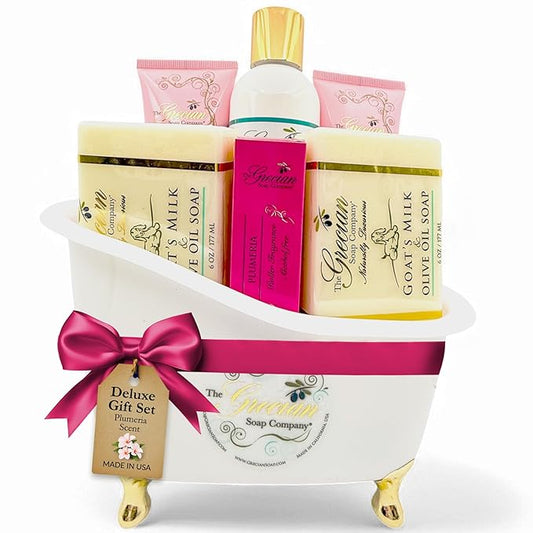 Deluxe Bathtub Gift Set – 6pcs Goat Milk & Olive Oil Skin Care Set, Spa Gifts, Bridal Shower Gifts Gifts for Mom, Birthday Gifts, Plumeria Scent, Handmade in the USA