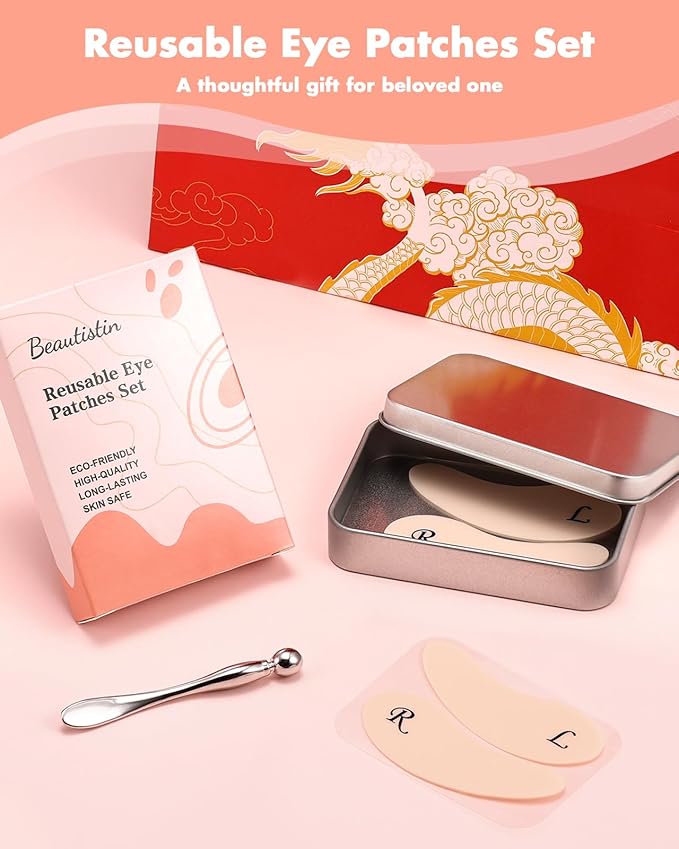 2 Pairs Reusable Under Eye Wrinkle Patches Silicone Mask, Plump Fine Lines & Wrinkles, with Metal Eye Cream Applicator, Tin Case, Cream Color