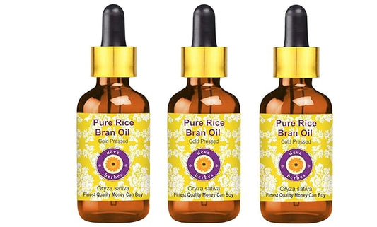 dève herbes Pure Rice Bran Oil (Oryza Sativa) with Glass Dropper Cold Pressed (Pack of Three)100ml X 3 (10 oz)