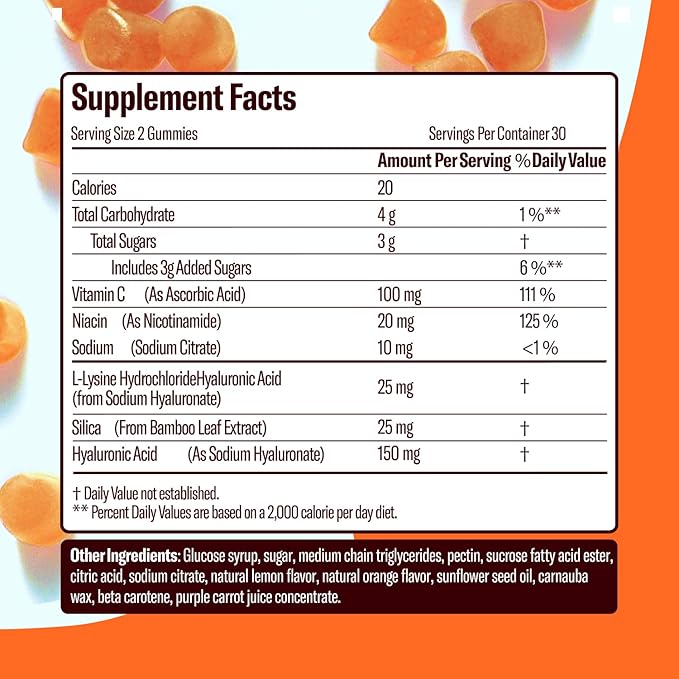 Hydrating Hyaluronic Highlighter Skincare Gummies | Supports Brighter, Dewy, Plump Skin | Vegan Hyaluronic Acid & Vitamin C Supplement | Non-GMO, Gelatin-Free, Orange Flavor, 60-Day Supply