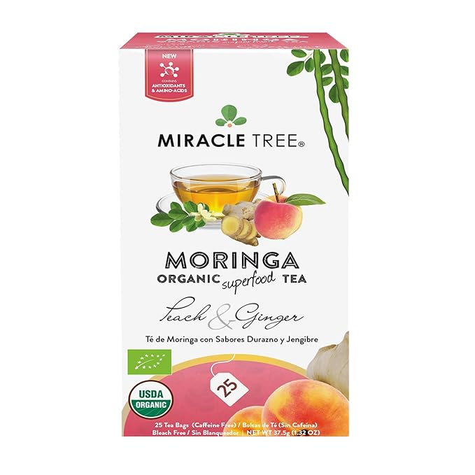 Miracle Tree - Organic Moringa Superfood Tea, 25 Individually Sealed Tea Bags, Peach & Ginger (Keto, Detox, Energy & Immunity Booster, Vegan, Gluten-Free, Organic, Non-GMO, Caffeine-Free)