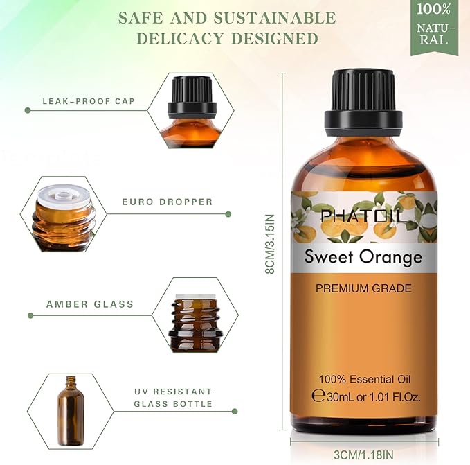 30ML Sweet Orange Essential Oil, for Aromatherapy Diffusers, Humidifiers, Great for DIY Candle and Soap Making
