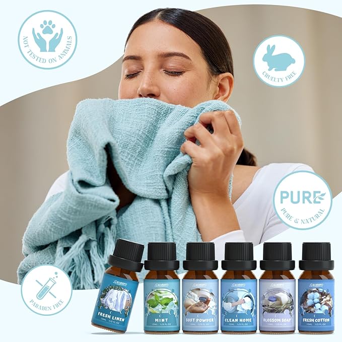 SALUBRITO Clean Fragrance Oils Set, Premium Essential Oils Set for Diffuser, Candle, Soap Making, Fresh Cotton, Clean Home, Fresh Linen, Soft Powder, Blossom Soap, Mint, Strong Scented Oils