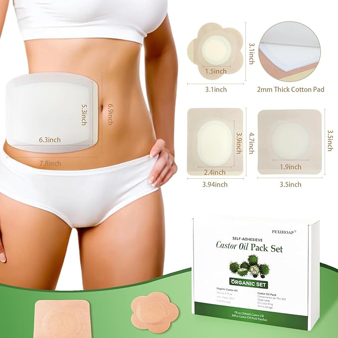 30Pcs Adhesive Castor Oil Patch with 7oz Organic Castor Oil Cold Pressed, Cotton Caster Oil Pack Wrap for Waist Back Neck Arm Belly