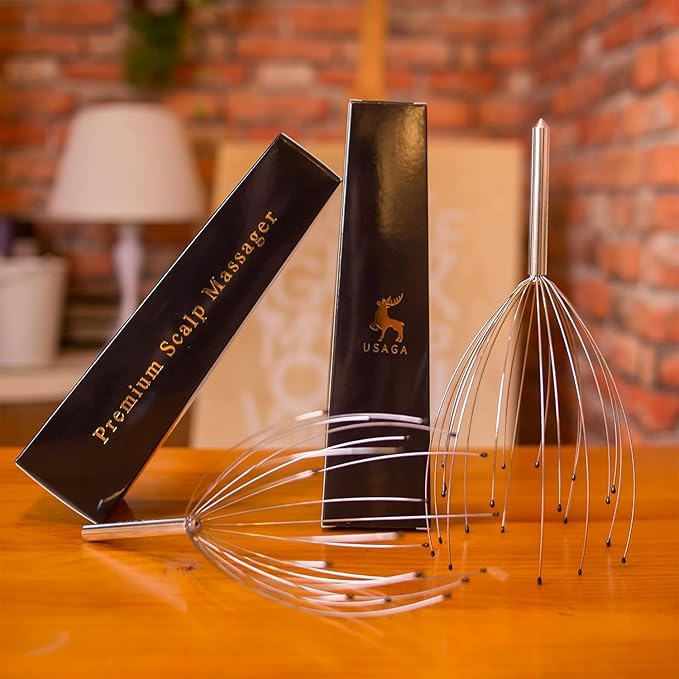 USAGA Head Massager Scalp Massager 20 Fingers Head Scratcher for Scalp Body Relaxing (Silvery)
