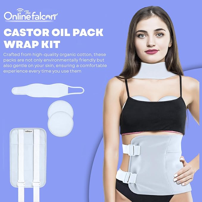 Castor Oil Pack Wrap Kit, 4 Pcs Organic Cotton, Adjustable Strap for Neck, Waist, Chest, Knee, Reusable, Washable - Detox, Constipation, Inflammation