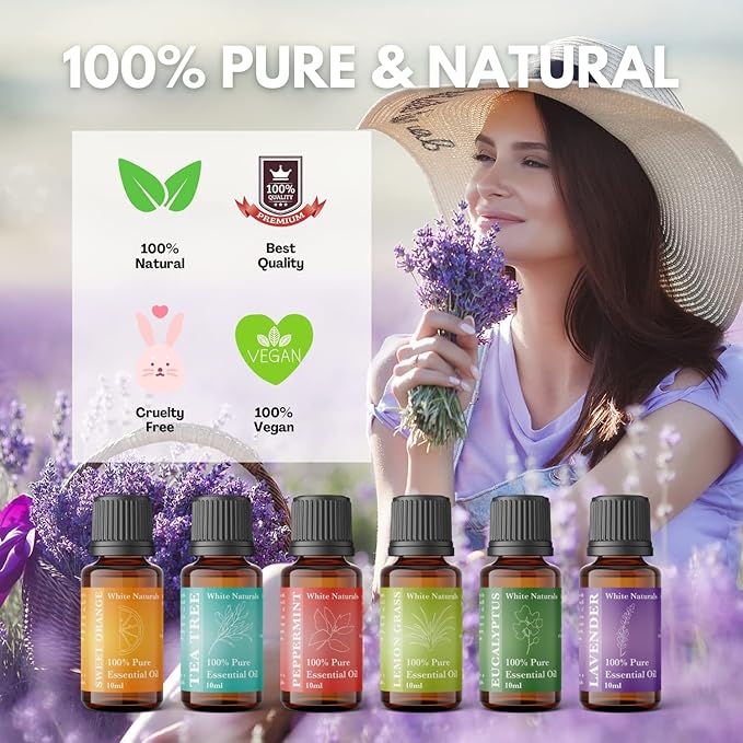 Essential Oils of 6 kit - Set, 6X10ML Diffuser Fragrance Oils Essential Oil, Sweet Orange, Tee Tree, Peppermint, Lemon Grass, Eucalyptus and Lavender