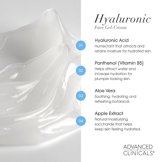 Advanced Clinicals Hyaluronic Acid Moisturizer Gel Face Cream W/Vitamin E + B5 | Hydrating & Brightening Vitamin C Face Lotion Hydrates Dry Skin & Improve Look Of Wrinkles & Fine Lines, 2 Fl Oz