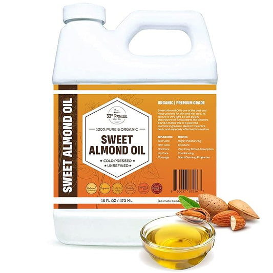 ORGANIC SWEET ALMOND OIL (16 oz) Premium Cold Pressed Unrefined | 100% Pure Sweet Almond Oil for Skin, Face, Hair, Soap Making | Carrier for Essential Oils | Available in Bulk | 16 FL OZ