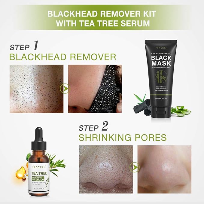 SHVYOG Blackhead Peel Off Face Mask, 3-in-1 Blackhead Remover Mask with Brush & Tea Tree Oil Serum, Charcoal Mask for Deep Cleansing Dirts, Pores, Skin Oil (100g+30ml)