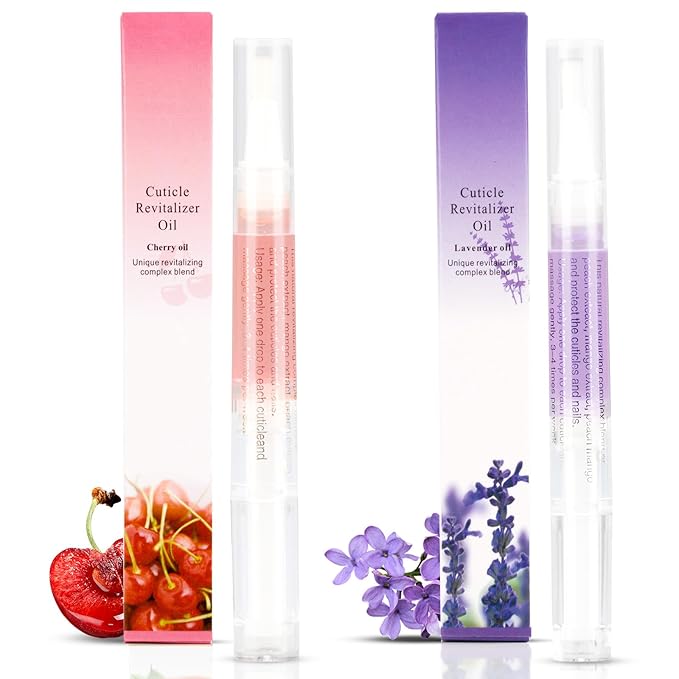 Meschett 2PCS Cuticle Oil Pens for Nail Care,Cuticle Revitalizer Oil Pen with Soft Brush,Cuticle Oil to Prevent Nail Cracking and Dry (Cherry & Lavender Flavor)